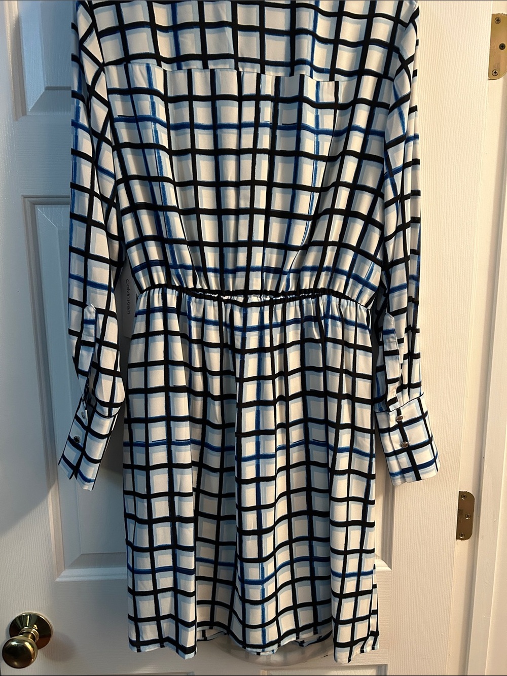 Calvin Klein Men’s White Shirt with Blue & Black Windowpane GridDress